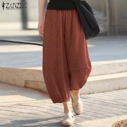 Elegant Women Autumn Trousers ZANZEA 2021 Lantern Pants Casual Elastic Waist Long Pantalon Palazzo Female Solid Turnip Oversize