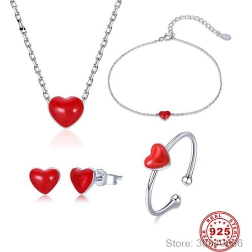 Classic 925 Sterling Silver Jewelry Sets Red Heart Necklace+Earrings+Ring+Bracelet For Women Gift