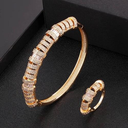 Zlxgirl jewelry Hot sale women size zirconia wedding bangle and ring 2pcs jewelry set high Dubai Gold color copper bracelet set