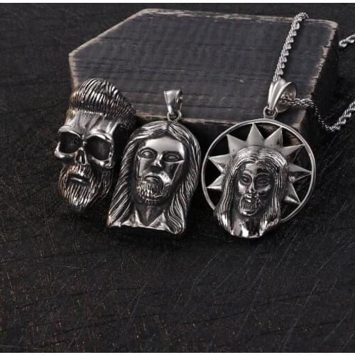 European and American creative 316L stainless steel beard skull pendant Christian Jesus male necklace