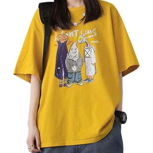 Summer New Arrival Cotton Women Clothing T Shirt Print Pumpkin Demon Monster Girl Tees Loose Short Sleeve Yellow Tops Female