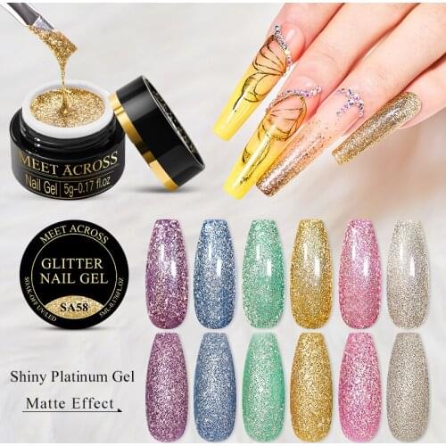 MEET ACROSS Summer Bright Candy Color Gel Nail Polish Shiny Glitter Gel Soak Off Uv Led Varnish Nail Art Base Top Coat Polish