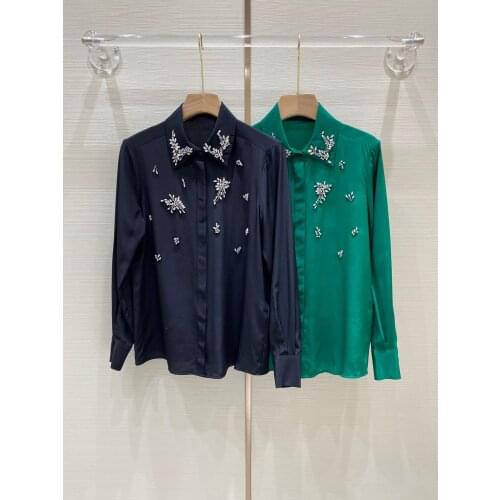 Fashion 2021 new ladies long-sleeved sexy casual chest diamond lapel crepe de chine silk shirt 1226