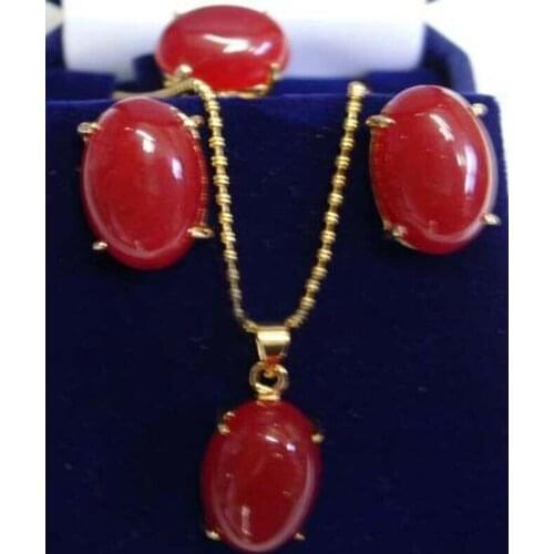 Set 3 PCS Women Jewelry Red Jade Pendant Necklace & Earrings & Ring Gift