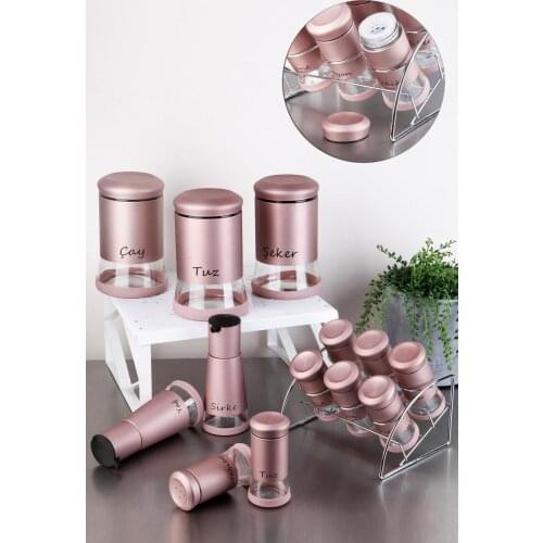 13 PIECES GÖNÜL METAL GLASS SPICE SET ROSE GOLD kitchen mother seasoning set salt shaker pepper bowl tableware wooden bamboo
