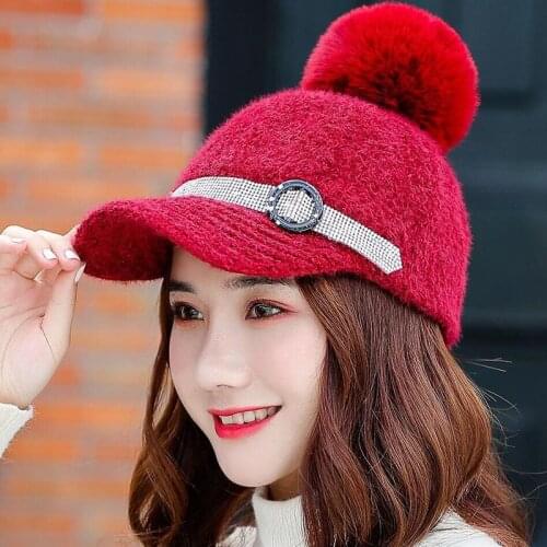 2019 New Winter Fur Pompom Hat For Women Autumn Cotton Knitted Baseball Cap With Pompon Brand Visor Caps Ladies Skullies Beanies