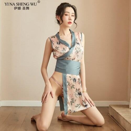Sexy Clothes Japanese Kimono+Belt+G-string Suit Erotic Cosplay New Women Underwear Summer Hollow Out Costumes 2 Color Lingerie