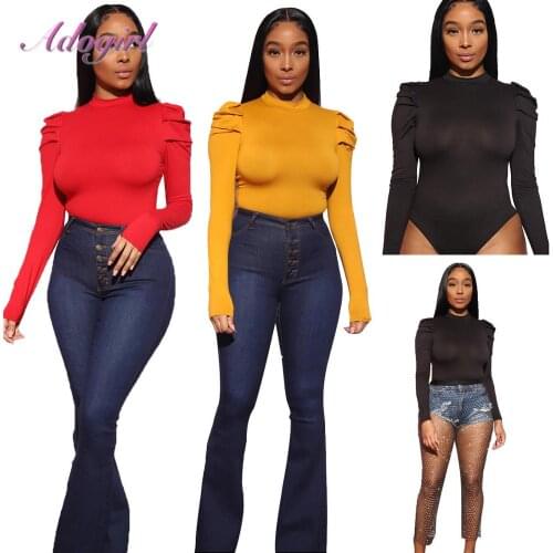 Sexy solid Long Puff Sleeve Basic One Piece bodycon Bodysuit Women spring Outwear Body Tops Tee female outfit jumpsuit rompers