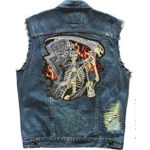 Skeleton Flame Embroidered Patch Designs Mens Motorcycle Distressed Ripped Denim Vest Men Motor Biker Sleeveless Jacket