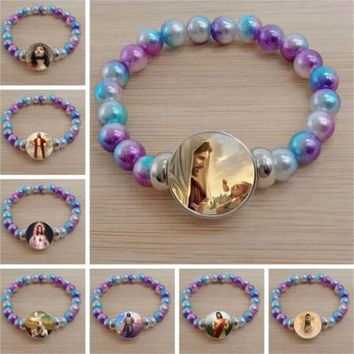 Virgin Mary Glass Bracelet Jesus Christ Christian Jewelry Jesus Oil Painting Color Bead Bracelet Gift