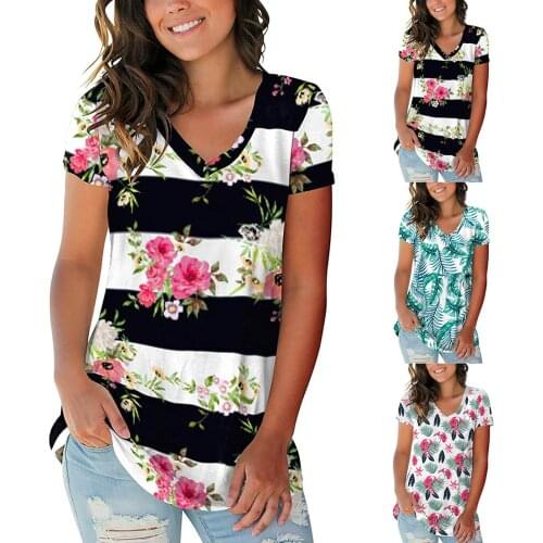 V Neck Tshirt Womens Summer Casual Oversize Print Shirt Tops Loose Vintage Female Tee Streetwear Y2K Short Sleeve Clothes S-3XL