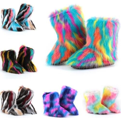 Womens Rainbow Colors Fur Ankle Mid Calf Boots Snow Furry Shoes Warm Winter Plus Size 14Colors New 2021