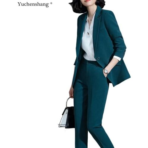 2019 new green women pant suit set blazer jacket & pants trouser 2 pieces set office lady work wear suit 5XL