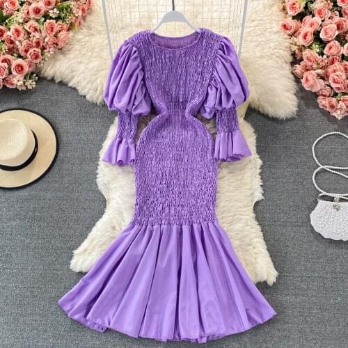 Purple/Red/White Mermaid Dress Women Spring Summer Round Neck Puff Sleeve High Waist Bodycon Vestidos Female Elegant Robe 2021