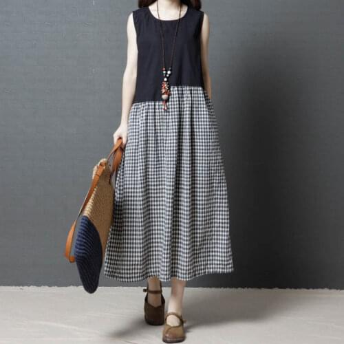 Summer New Retro Dress 2021 Korean Loose Big Size Long Dress Women Plaid Splice Cotton Linen Round Neck Sleeveless Beach Dress