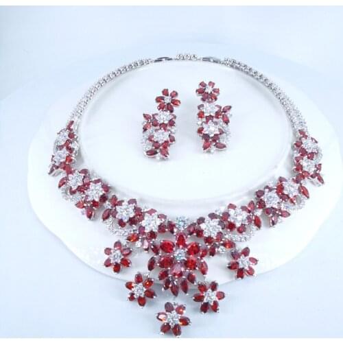 2021 new fashion luxury retro palace red flowers CZ zircon necklace earring set,wedding bride dinner party formal jewelry set