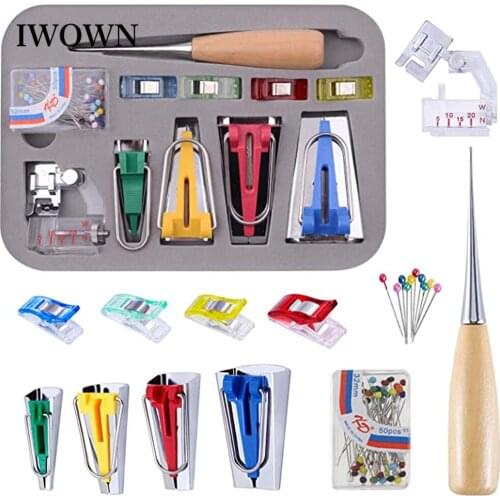 60pcs Fabric Bias Tape Makers Kit Sewing Awl Bead Pins Quilting Clips Wooden Awl Adjustable Press Foot Practical Bias Tape Maker