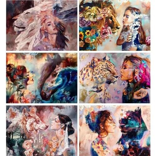 5D DIY Diamond Painting Lady and Animals Lion Wolf Full Drill Embroidery Cross Stitch Mosaic Home Decor Mosaic Craft Kits Gifts