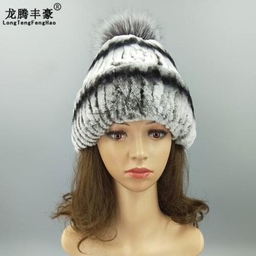 Women Rex Rabbit Fur Hat With Real Fox Fur Ball Winter Hats Beanies Cap Hand Sewing Warm Skullies Gradient Elastic Lady Headwear
