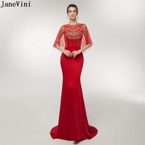 JaneVini 2019 Elegant Red Mermaid Long Bridesmaid Dresses Luxury Tassel Beading Zipper Back Satin Sweep Train Formal Prom Gowns