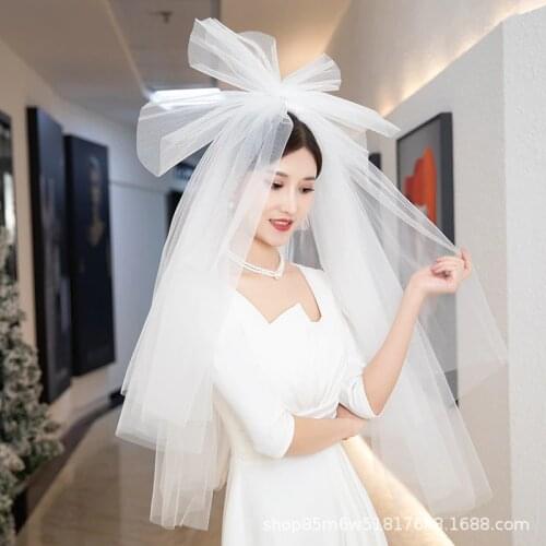 Bride wedding headdress with big bow double-layer short white veil styling bridal photo photo wedding accessories
