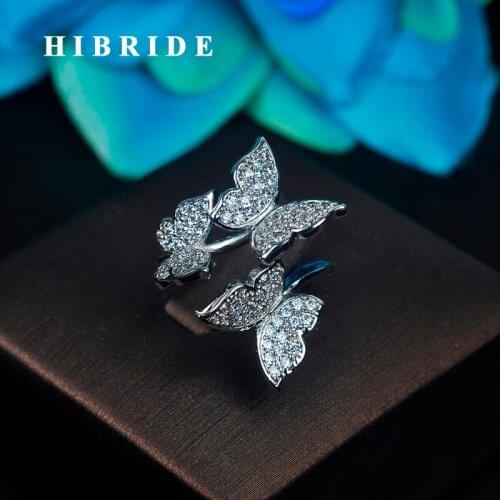 HIBRIDE Beauty 3 Butterfly Design CZ Pave White Gold-Color Women Open Adjustable Finger Ring Anillos For Party Show R-206
