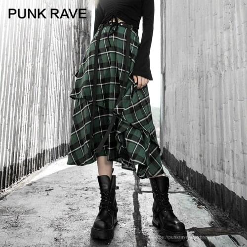 PUNK RAVE Girls Handsome Street Bf Asymmetric Plaid Skirt Over The Knee Long Section A Type Club Cool Autumn and Winter Skirts