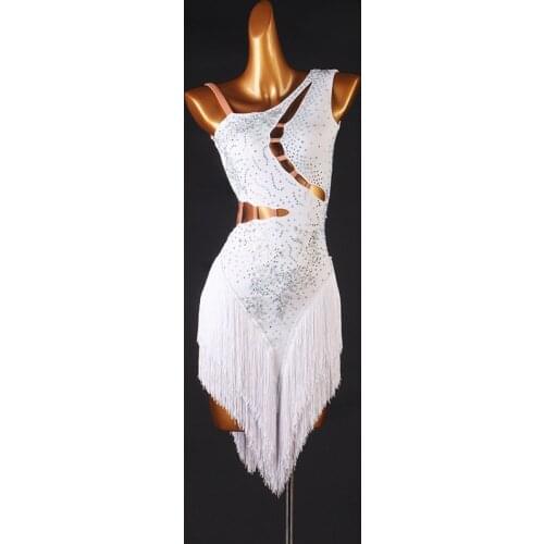 Latin Dance Competition Dresses Women Sexy White Rhinestone Fringe Sleeveless Performance Clothes Rumba Practice Costume DQL4759
