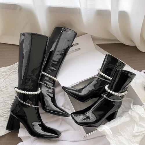 Fashion Women Cow Leather Knee-High Boots String Bead Square Toe High Heels Casual Zip Shoes Woman 2021 Winter Autumn