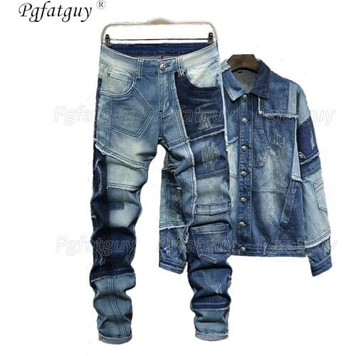 2021 Personality Mixed Colors Spliced Mens Loose Jeans Coat 2pcs Sets Long Sleeve Single Breasted Jacket + Jeans Blue Mens Sets