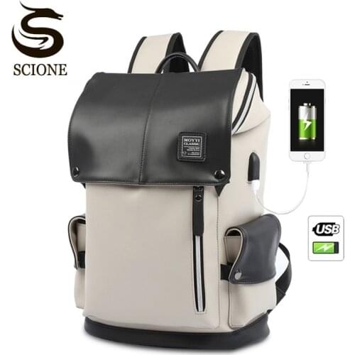Mens USB Charging 15in laptop backpack Boys Fashion Bag men PU Leather backpacks for teenager Men Casual Daypacks mochila male