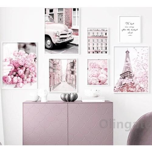 Wall Art Posters And Prints Pink Paris Tower Street Building Peony Flowers Canvas Painting Nordic Pictures Decoration Gift