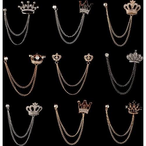 New Fashion Crown Rhinestones Brooch Crystal Tassel Chain Collar Suit Shirt Lapel Pin Luxulry Wedding Jewelry Accessories Gifts