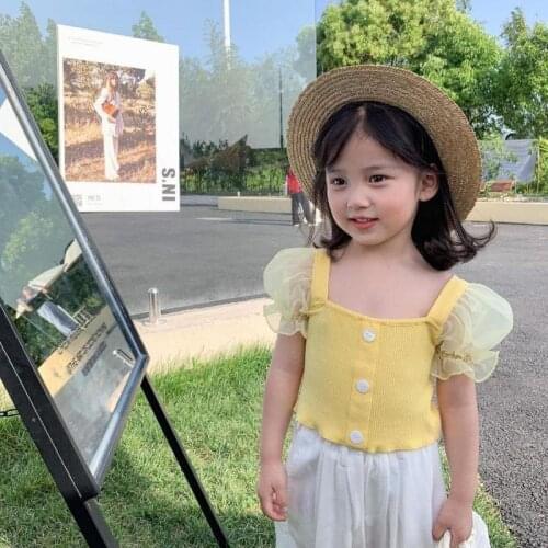 Summer new girls cotton suspender T-shirts childrens fashionable yarn short sleeve tops baby kids foreign style clothes P4 157