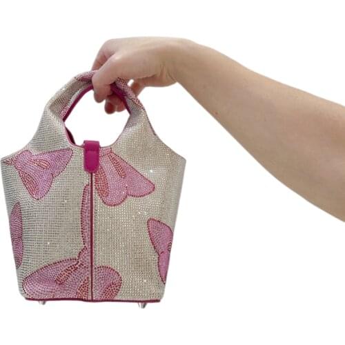 New Design Rhinestone Crystal Handbag Attractive Handbag EveningBags Handmade Pink Bow Diamond Women Bucket Purses