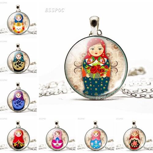Russian Doll Necklace Glass Cabochon Dome Jewelry Matryoshka Sleeve Dolls Cartoon Necklaces Pendant Chain Choker Women Kid Gifts