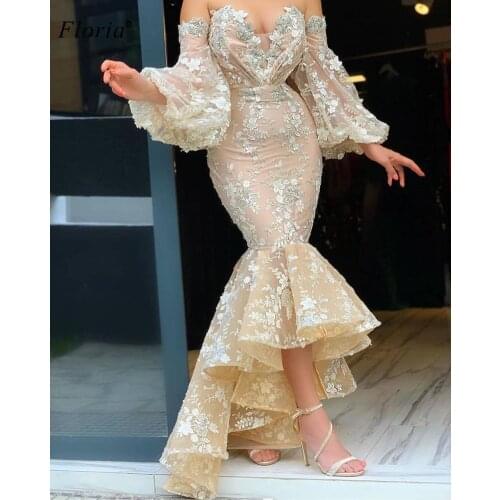 Plus Size Champagne Mermaid Prom Dresses Off Shoulder Lace Sexy Cocktail Dresses For Women Wedding Party Robe Longue Custom