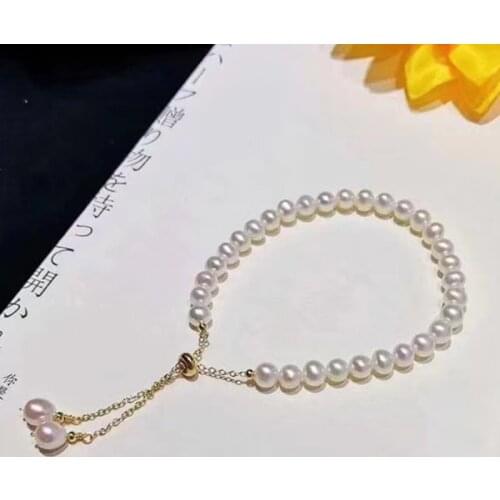 Popular lady simple chain bracelet with natural white real pearl beads adjustable length women high quality jewelry gift