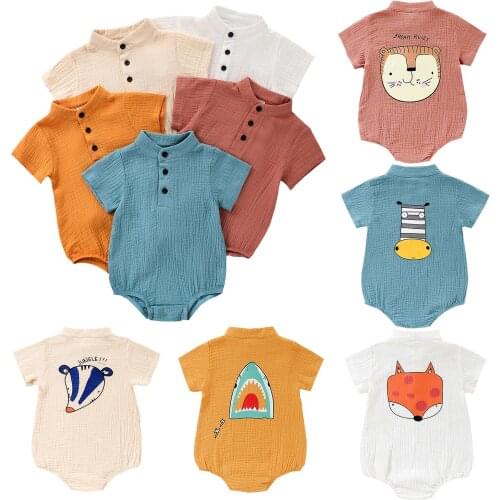 Toddlers Casual Solid Color Romper, Infants Short Sleeve Button Bodysuit, Babies Round Collar Clothing