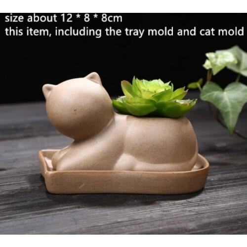 Simple Cat with a Tray Mold Handmade Gardening Pot Concrete Planter Silicone Mould