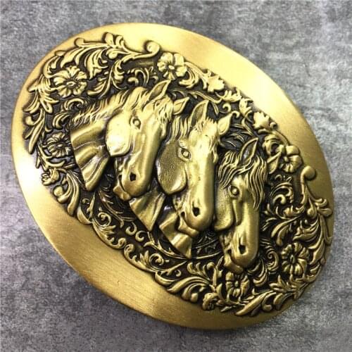 Luxury Three Horse Head Belt Brass Buckle Hot Sell 3D Brass Belt Buckle For Man Belt Leather Belt Buckle BK0110
