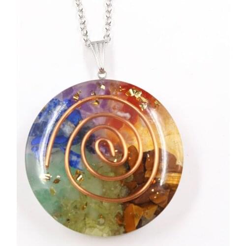 Rose Gold Colors Spiral Rainbow Stone Resin Orgonite Round Pendant Spiritual Necklace Charm Jewelry