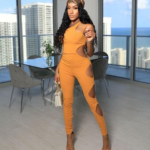Sexy Cut Out Bodycon Jumpsuit Women One Shoulder Sleeveless Jumpsuits One Piece Outfits Night Club Party Romper Salopette Femme