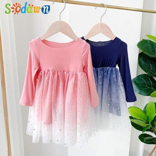 Sodawn Girls Sweet Dress Spring Autumn Fashion Puff Dress Stitching Mesh Star shining Korean Princess Dress for 1-6Y