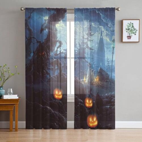 Halloween Scary Pumpkin And Old Castle Tulle Window Treatment Sheer Curtains for Living Room the Bedroom Curtains Decoration