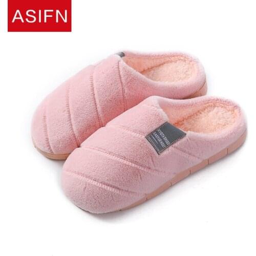 ASIFN Winter Slippers with Fur Women Simple Cotton Mules Ladies House Indoor Soft Bottom Non-slip Home Warm Men Fur Slippers