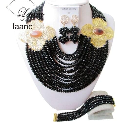 Splendid Black Crystal Women Necklaces Costume Jewelry Nigerian Wedding African Beads Jewelry Set ABC849