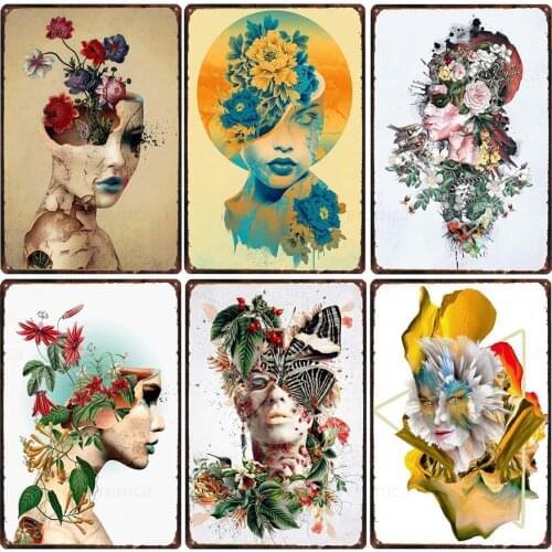 Vintage Fantasy Woman with Flowers Metal Tin Sign Plaque Vintage Metal Poster Bar Pub Club Decorative Iron Painting Metal Plate