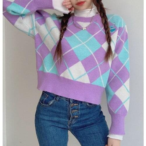 Contrast Color Preppy Style Cute Embroidery Loose Argyle Long Sleeve Knitted Sweater