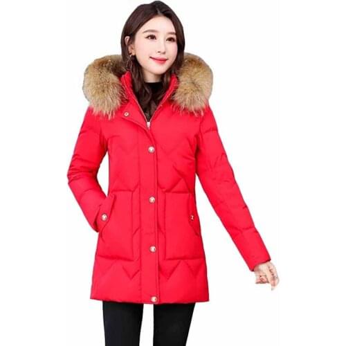 High Quality Big Raccoon Fur Collar Down Jacket Women Winter Thick Warm White Duck Down Coat Plus Size Korean Hooded Parka KW425